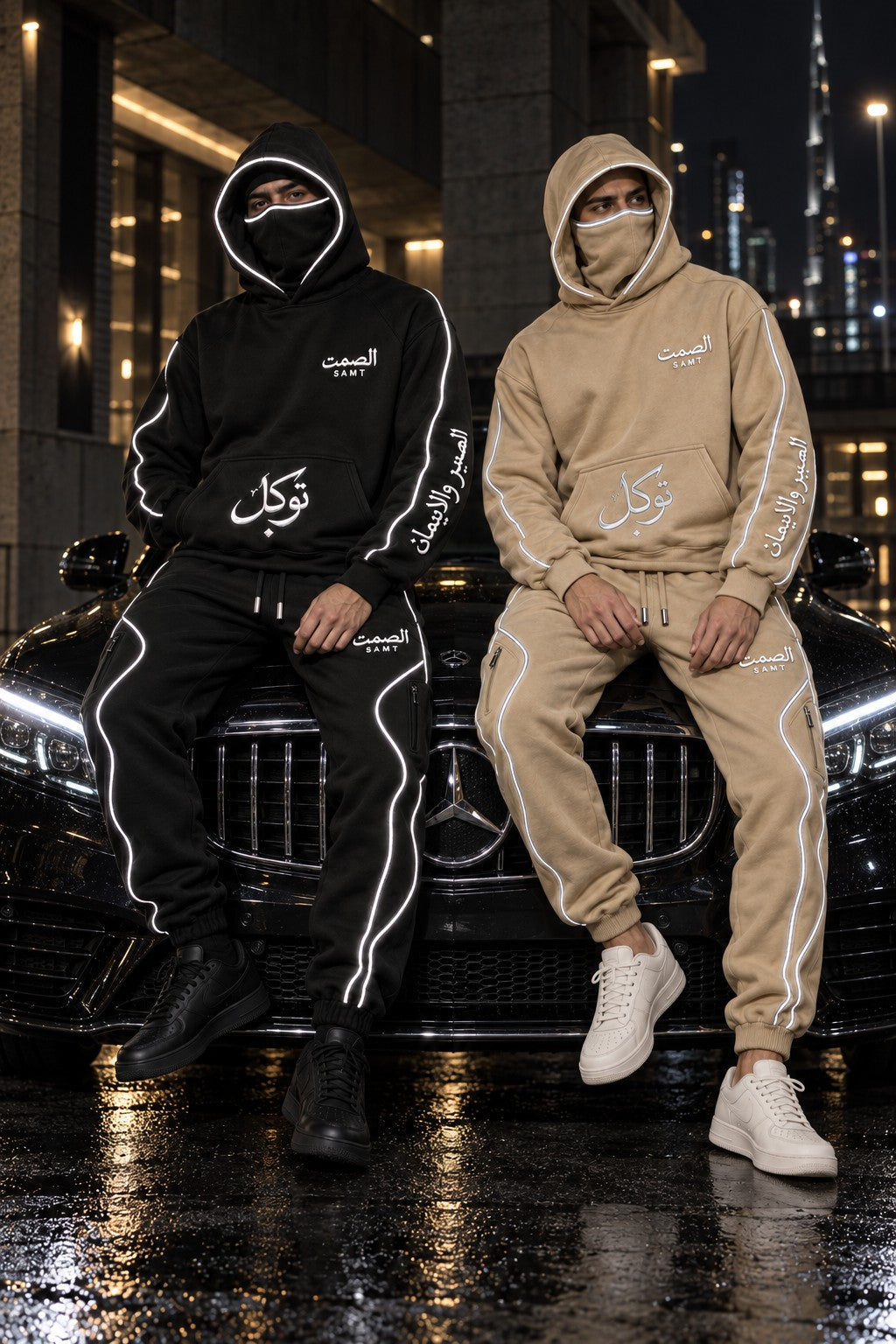 SAMT new drop black and beige reflective masked tracksuits in urban nighttime campaign
